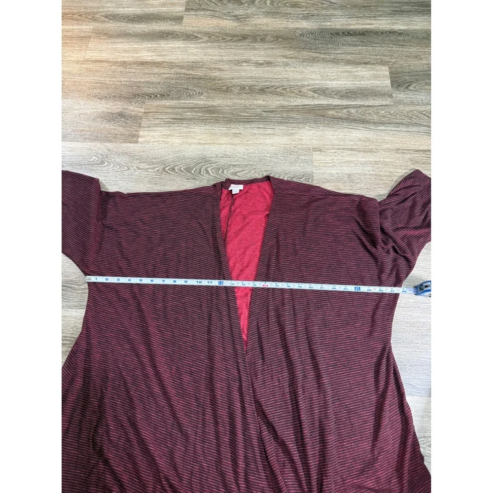 LuLaRoe Cardigan Kimono Womens Large Burgundy Black‎ Striped Hi Lo Open Front